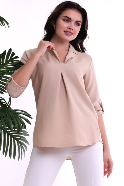 Cotton Mood 22224093 Slim Ayrobin Collar Front Pleated Sleeve Folded Blouse Beige