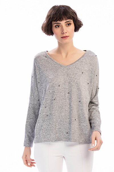 Cotton Mood 8490930 Yumoş V-Neck Front Pearl Blouse Gray