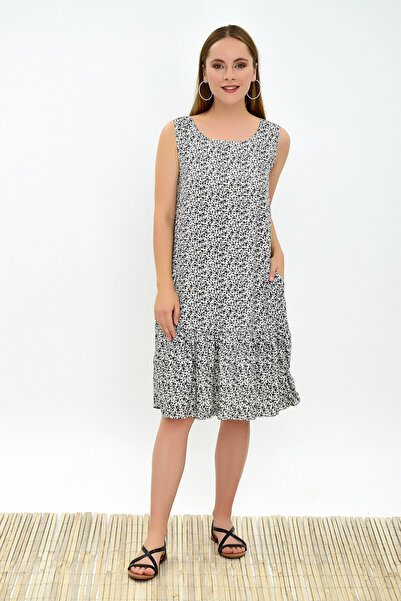 Cotton Mood 93030322 Dok.Vis.Çıtır Deseteği Ruffled Sleeveless Dress with Pockets Ecru Black