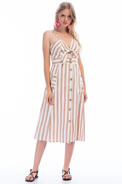 Cotton Mood 8301245 Linen Thick Striped Dress with Chest Tie Detail Cinnamon