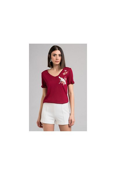 Denismoda Stork Embroidered V-Neck Boyfriend Blouse, Short Sleeve Burgundy Model