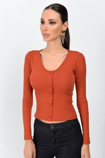 Cotton Mood 9362940 Ribbed Knit Front Buttoned Long Sleeve Blouse Tile