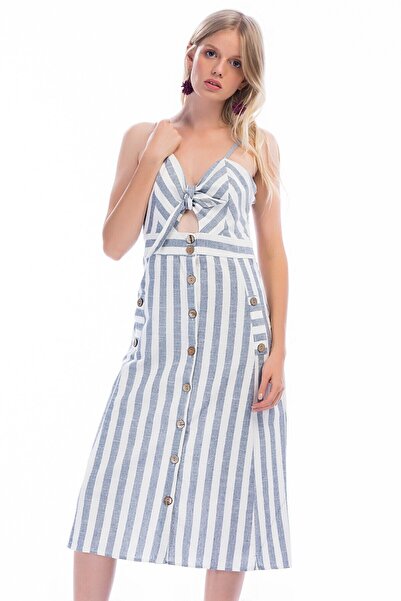 Cotton Mood 8301245 Linen Thick Striped Dress with Tie-Up Detail on the Bust Navy Blue