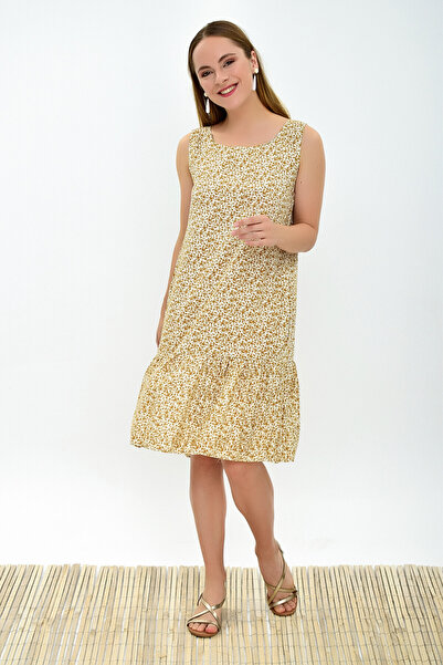 Cotton Mood 93030322 Dok.Vis.Çıtır Deseteği Ruffled Sleeveless Dress with Pockets Ecru-Yellow