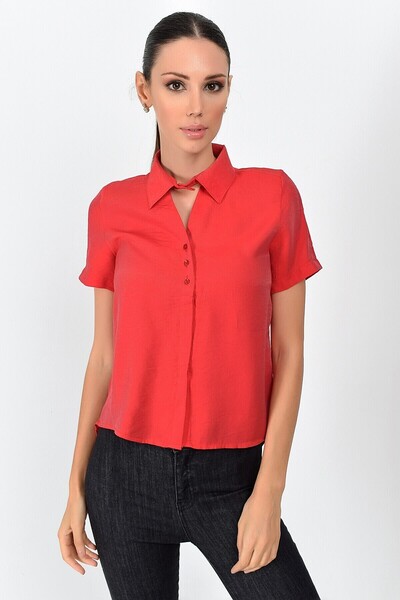 Cotton Mood 9362998 Bodrum Collar Short Sleeve Shirt with Window on the Front Red
