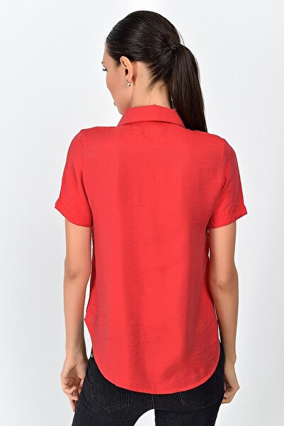 Cotton Mood 9362998 Bodrum Collar Short Sleeve Shirt with Window on the Front Red