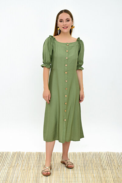 Cotton Mood 9301603 Bodrum Front Buttoned Balloon Sleeve Dress Khaki