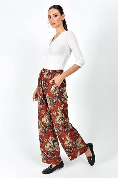 Cotton Mood 9363131 Dok.Viskon Leaf Pattern Waist Elastic Pocket Trousers Bordo