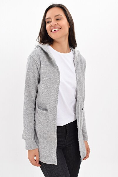 Cotton Mood 9420863 Macaron Pocket Hooded Long Cardigan Gray