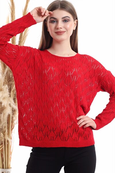 Cotton Mood 20516177 Knitwear Jacquard Patterned Crew Neck Sweater Red