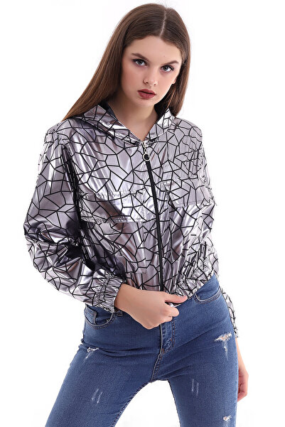 Cotton Mood 21323203 معطف قصير بغطاء للرأس وجيوب مطبوعة فضي اللون