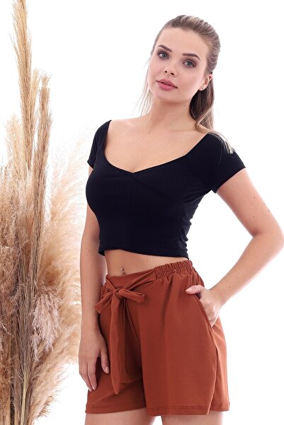 Cotton Mood 20064507 Knitted Crepe Pocketed Tie-Up Elastic Waist Shorts Cinnamon