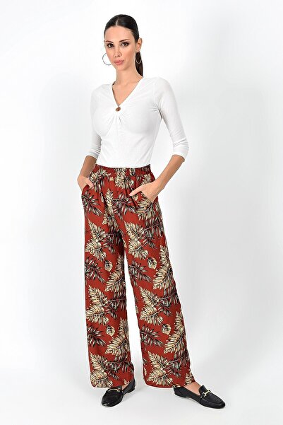 Cotton Mood 9363131 Dok.Viskon Leaf Pattern Waist Elastic Pocket Trousers Bordo