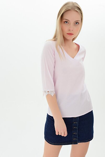 Cotton Mood 9109314 V-Neck Back Tulle Lace-Up Sleeveless Guipure Blouse Pudra