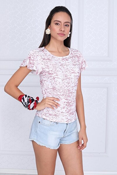 Cotton Mood 9333335 Single Jersey Patterned Layered Ruffled Short Sleeve Blou...