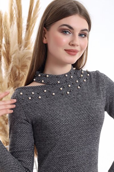 Cotton Mood 9361019 Jacquard Fabric One Shoulder Open Pearl Dress Black-Grey