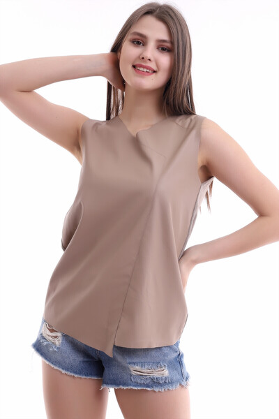 Cotton Mood 21112111 Front Leather, Back Knitwear Sleeveless Blouse Vizon
