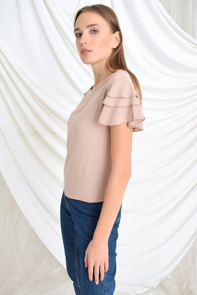 Cotton Mood 94022011 Dok.Viskon Ruffled Short Sleeve Blouse Beige