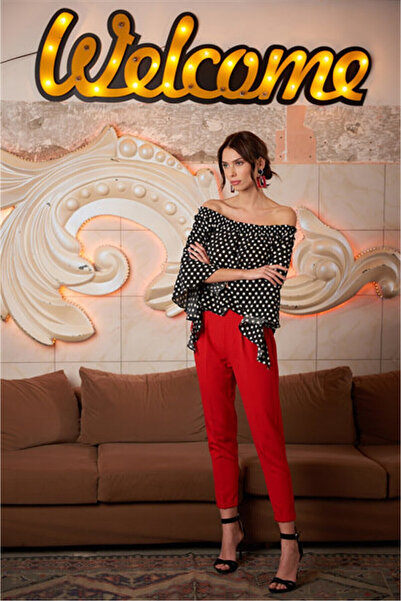 Cotton Mood 8122590 Azra Pocketed Elastic Waist Carrot Pants Red