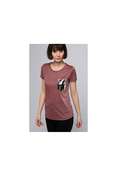 Cotton Mood 8060768 تي شيرت بأكمام قصيرة مزين بالترتر اللامع باللون العنابي