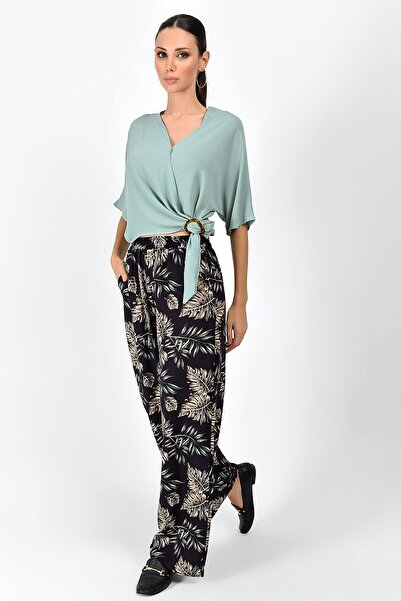 Cotton Mood 9363131 Dok.Viskon Leaf Pattern Elastic Waist Pocket Trousers Black