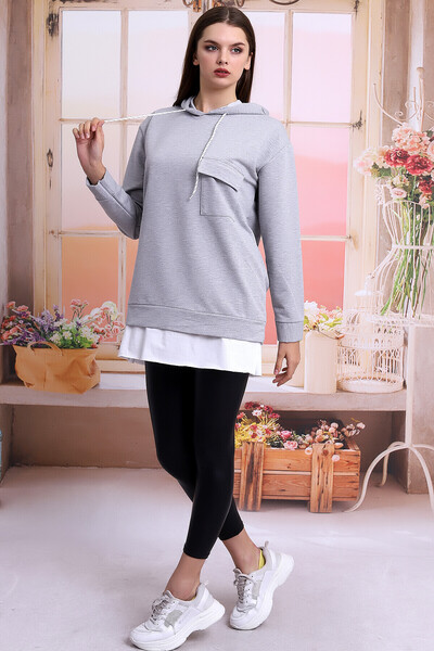 Cotton Mood 21404011 Double-Layered Hooded Pocket Skirt Garnished Long Sweatshirt Gray Melange