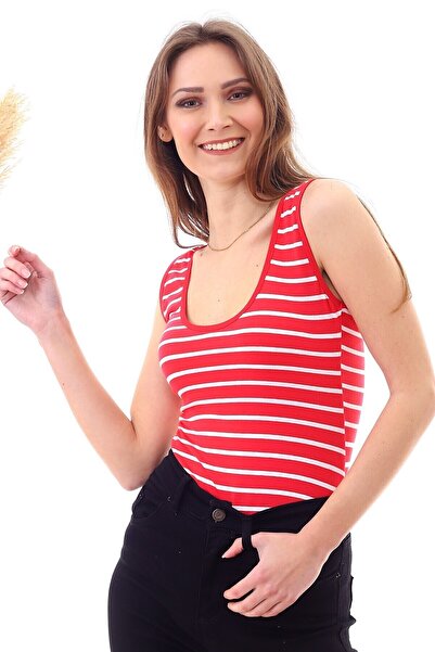 Cotton Mood 20040403 Single Jersey Striped U-Neck Snap-On Bodysuit Red White Fine Line