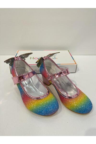 BUTİKHAPPYKİDS Kız Çocuk Gökkuşağı Renkli Kapalı Kelebekli Parlak Çocuk Abiye Ayakkabı 26-36 No