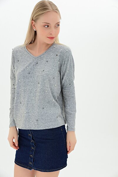 Cotton Mood 9100930 Yumoş V-Neck Front Pearl Blouse Gray