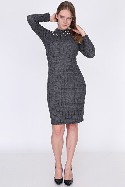 Cotton Mood 9361019 Jacquard Fabric One Shoulder Open Pearl Dress Plaid Fume-Black