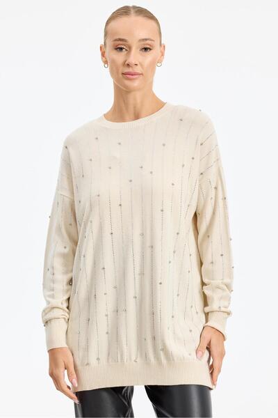 Tığ Triko Suyolu Taş Baskılı Triko Tunik EKRU