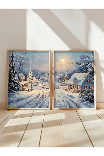 STARYUNA Yağlıboya efektli kış manzaralı tablo, vintage ahşap çerçeveli 2'li ...