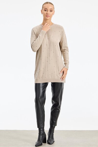 Tığ Triko Suyolu Taş Baskılı Triko Tunik BEJ