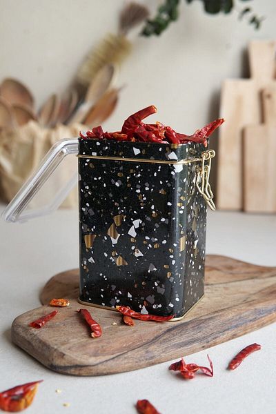 EVLE Er043-1h Terrazzo Black Patterned Rectangular Metal Storage Container 8x10 Cm