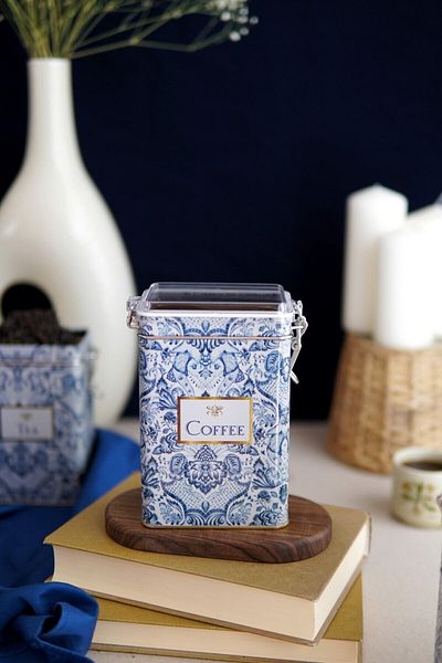 EVLE Er043-y1 Azulejos Coffee Patterned Rectangular Metal Storage Container 8x10 Cm
