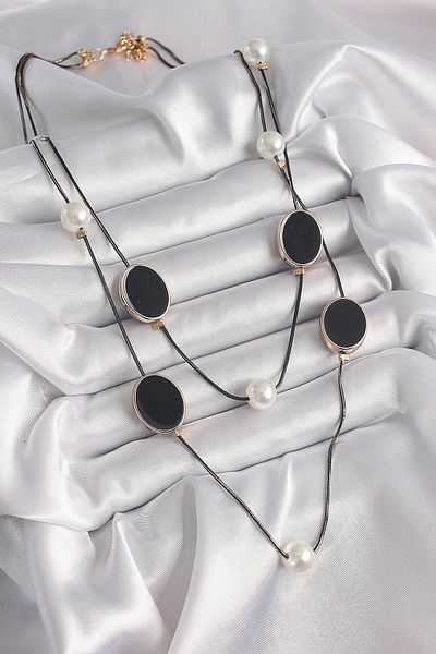 Clariss Brass Black Color Chain Multiple Women's Necklace with Pearl Detail