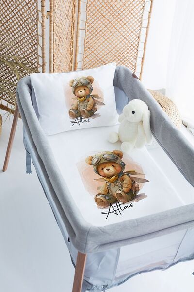 Lilabio %100 Pamuk Saten İsme Özel İsimli 70x120 Park Yatak Nevresim Seti Pil...