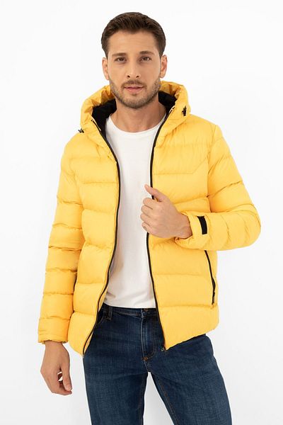Firststops Men's Yellow Puffer Jacket - Fleece, Hooded, Waterproof and Wind Resistant