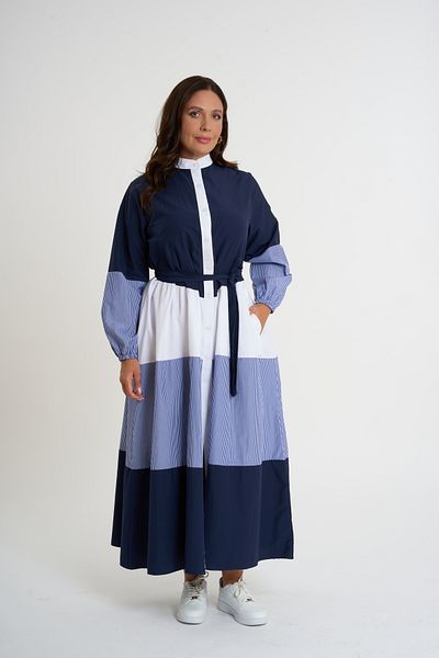 HANIQA Navy Blue - Garnished Belted Shirt Dress |   44-50 |   4034