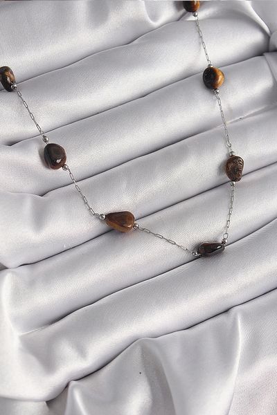 Clariss 316L Steel Silver Color Chain Brown Natural Stone Model Women's Necklace