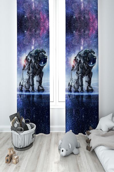 MASAL ODAM Baby and Children's Room Galaxy Astronaut Patterned 2 Wing Background Curtain