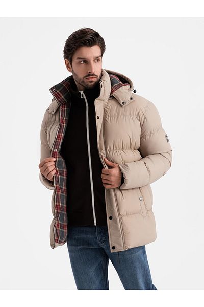 OMBRE Ανδρικό puffer jacket με φόδρα καρέ - μπεζ V2 OM-JAHP-0205 M