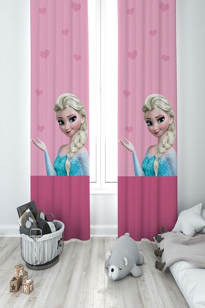 MASAL ODAM BABY AND KIDS ROOM Pink Elsa Patterned 2 Wing Background Curtain
