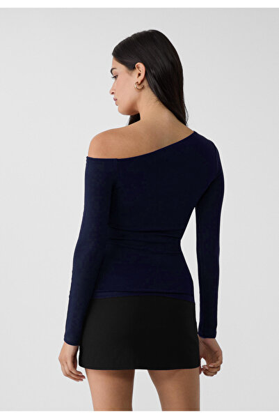 VODENS Темно-синя блузка з асиметричним коміром 100 Бавовняна футболка