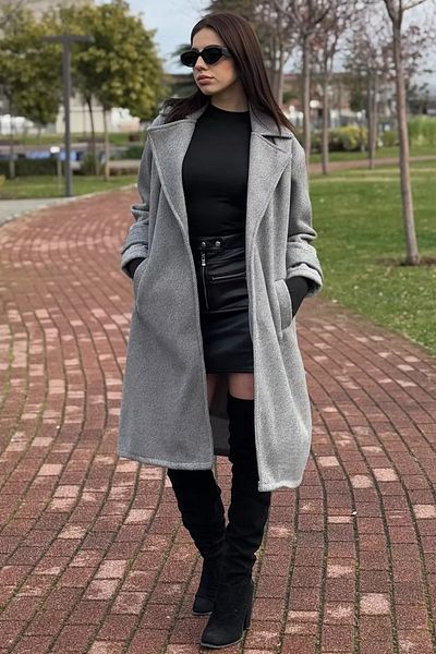 GÜLSELİ Palton de damă cu guler dublu căptușit gri