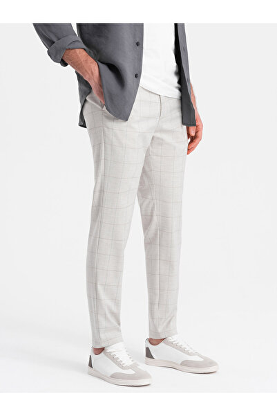 OMBRE Ανδρικό παντελόνι με κλασικό κόψιμο σε λεπτή καρό - μπεζ V1 OM-PACP-0187 L