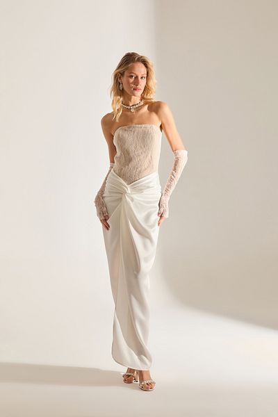 BETTY & SAM Melissa Lace Satin Strapless White Evening Gown