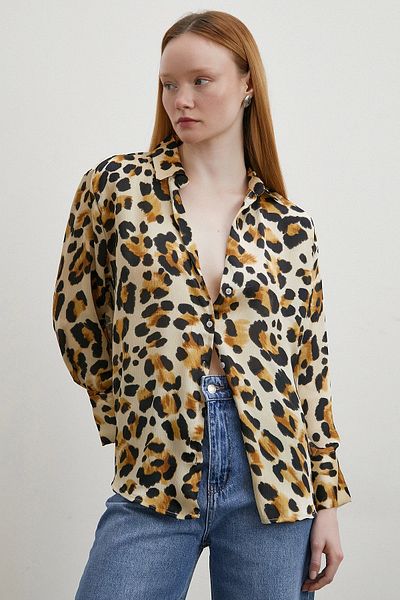 Never more Beige Leopard Print V-Neck Shirt