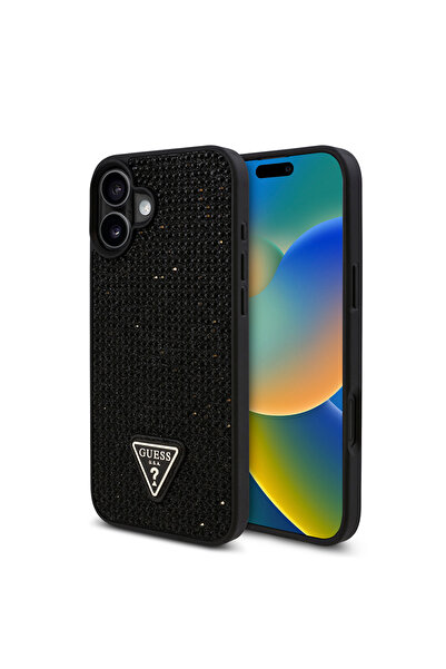 Guess iPhone 16 Plus Uyumlu Kılıf Lisanslı Üçgen Logolu Taşlı Kapak Siyah