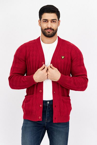 Lyle & Scott Men V-neck Long Sleeve Embroidered Logo Cardigans, Red
